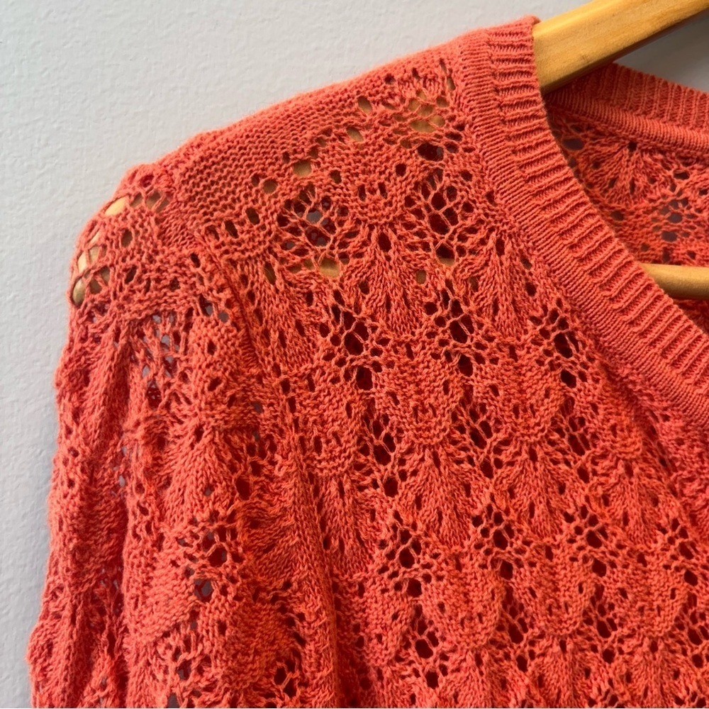 Sparrow Medium Coral Orange Cardigan Open knit crochet button front - Picture 3 of 12